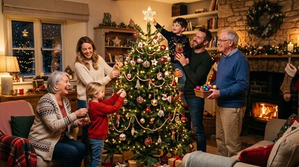 Obraz premium Multi generational family joyfully decorating a Christmas tree together in a cozy living room with a fireplace