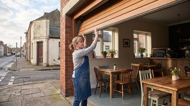 Woman opening a wooden garage door to a cafe with an opening soon sign