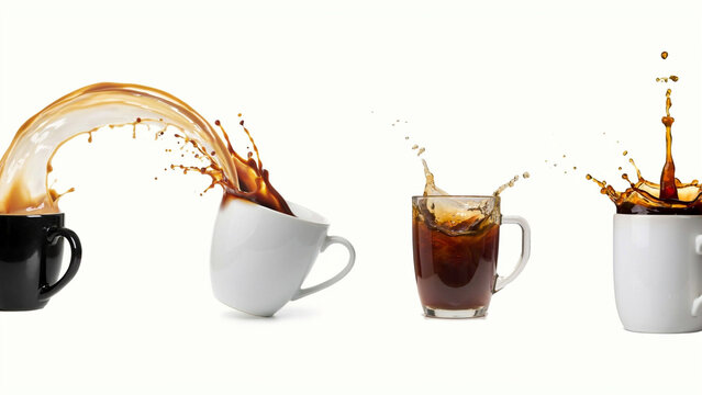 Dynamic Liquid Splashes From Coffee Mugs on Isolated White Background