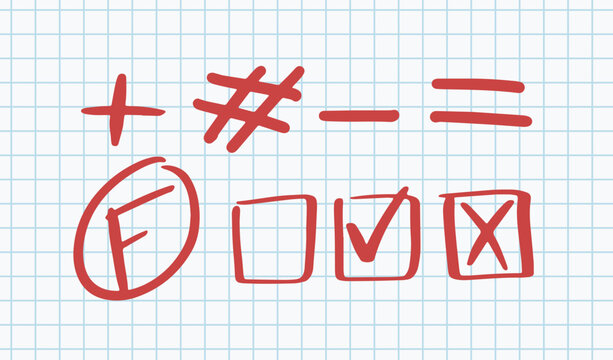 Red hand drawn teacher grading marks including math symbols letter F and checkboxes on grid paper. Vector illustration