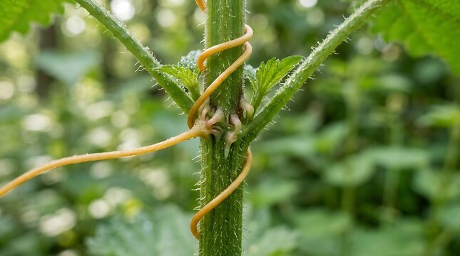 Close-up of a parasitic dodder plant with its orange, twining stems wrapped tightly around the green stalk of a host plant, illustrating a fascinating natural symbiosis in the wild