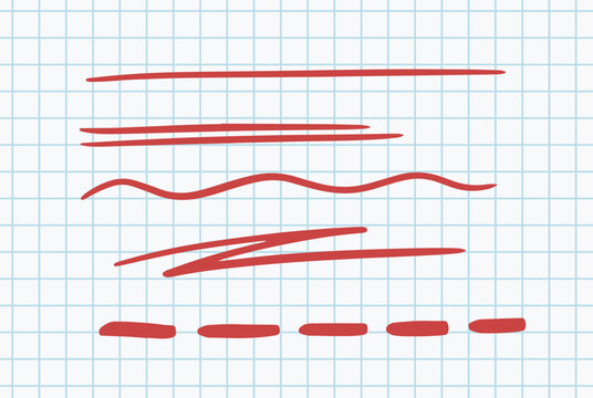 Set of red hand drawn underline strokes including straight wavy and dashed lines on grid paper. Vector illustration