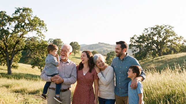 Three generations of family standing together outdoors in warm afternoon light, candid multigenerational portrait for grandparents day content.