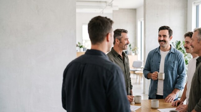 Group of male colleagues with mustaches talking during coffee break