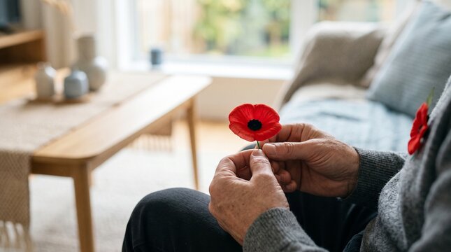 Older man holding a red poppy flower in a living room