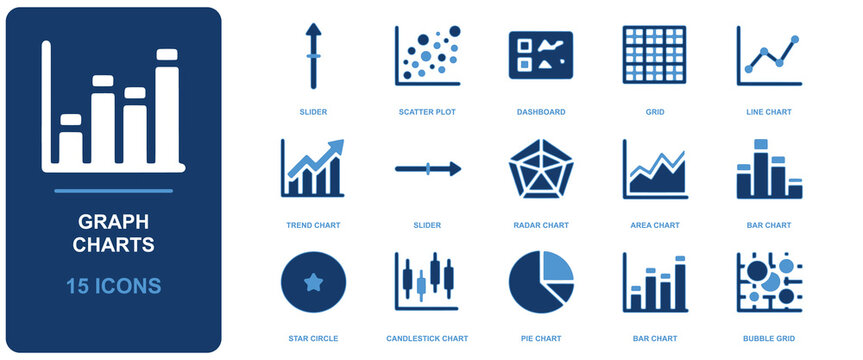 Set of 15 blue icons representing data visualization, including bar charts, line graphs, pie charts, scatter plots, and analytical dashboard symbols
