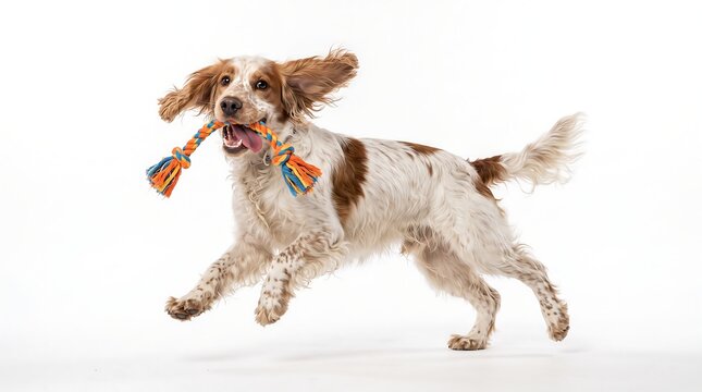 A happy spaniel dog with brown and white markings runs with a colorful rope toy in its mouth, its ears flapping joyfully in the air, captured mid-stride in a bright studio setting.