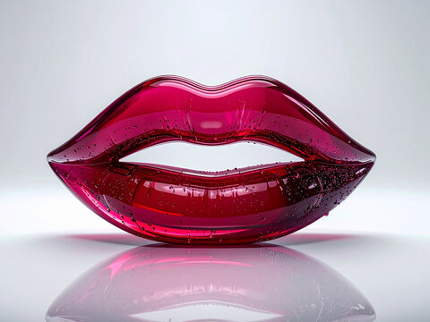 Glossy red glass lips sculpture featuring water drops on a white background. Commercial 3D render for modern fashion design, beauty advertising, and cosmetic product presentation concepts.