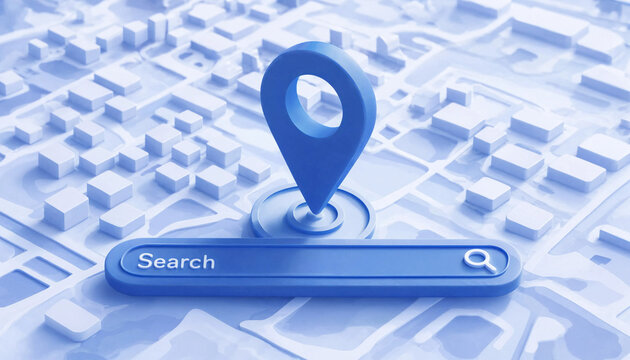 A blue location pin and search bar floating above a stylized city map.