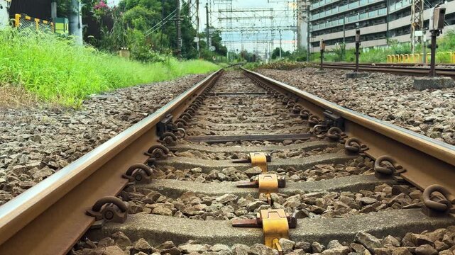 Low angle railway tracks near Hamakawasaki Station in Kawasaki Japan