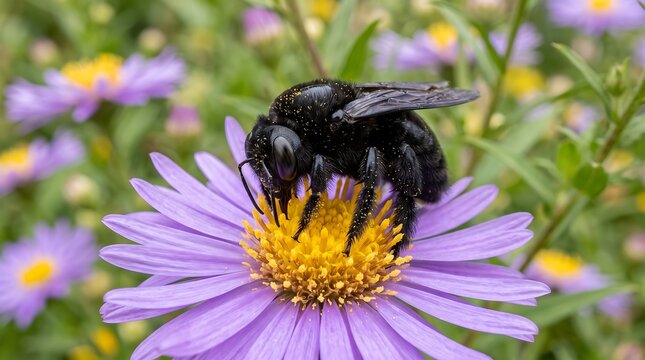 A black bee is collecting nectar from a purple flower, surrounded by a garden with soft focus background.