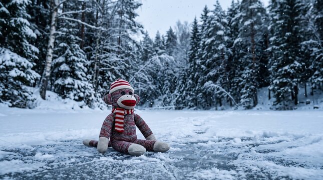 A lonely sock monkey sits on a frozen lake in a snowy forest, its striped hat and scarf a splash of color against the monochrome winter landscape. A poignant scene of solitude and childhood nostalgia.