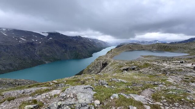 Lake Gjende and a mountain tarn seen from Besseggen Norway