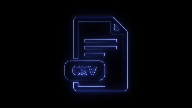 CSV document file icon glows in bright blue neon lines on black background.