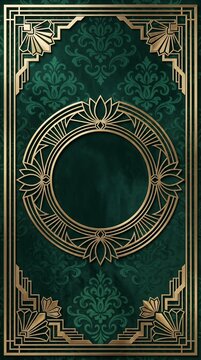 Vintage Art Deco gold geometric frame with a circular placeholder on a dark green textured damask background, classic design element for invitation or certificate template