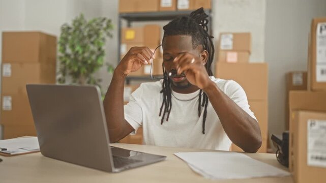 Man covers face with hand while seated at desk with laptop, parcels, shipping labels and paperwork in a building; frustration business struggle.