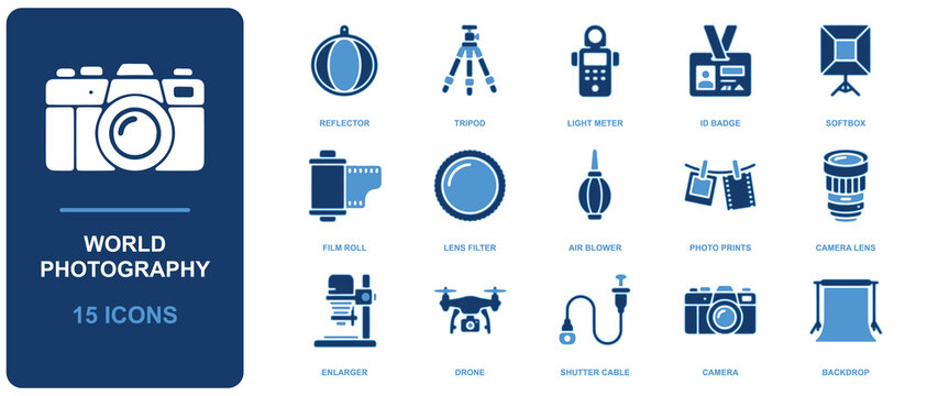 Icon sheet featuring 15 blue of camera equipment, including tripod, lens, drone, and roll icons light meter