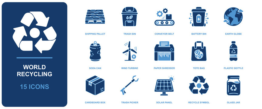 Set of 15 blue monochromatic recycling and sustainability icons, featuring symbols for waste management, renewable energy, and eco-friendly