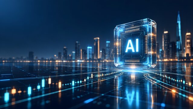 Artificial intelligence microchip glowing over digital futuristic smart city skyline representing urban technology network and data infrastructure