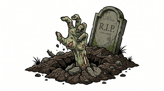 Decayed zombie hand emerging from a grave with a mossy tombstone