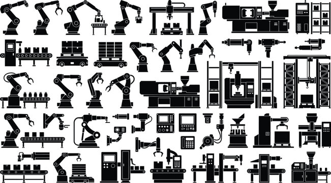 WebIndustrial robot arm silhouettes with automated machinery icons for manufacturing, production, assembly line, and automation concepts