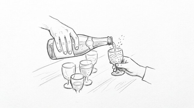 Hand pouring champagne from bottle into glass with other glasses nearby sketch