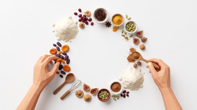 Low Poly Hands Arrange Dried Fruits Spices and Baking Ingredients in a Circle