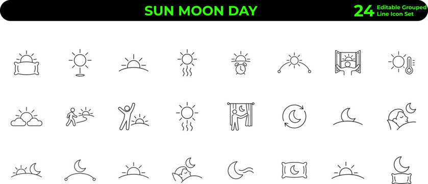 sun moon day icon set, 24 line icons of sunrise and sunset, celestial weather symbols for mobile apps and web design ,Clean grouped each vector icon.