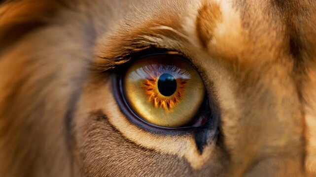 Firefly Extreme close-up wildlife footage of one stunning lion eye, authentic lion facial anatomy