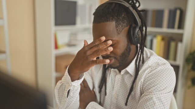 Man with headset covers face with hand at building desk computer, leaning forward and rubbing forehead; stress concentration fatigue.