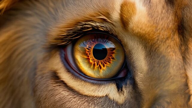 Firefly Extreme macro photorealistic footage of a single beautiful lion eye, unmistakable African lion