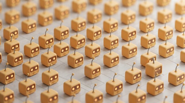 Cute cubic robot characters grid AI swarm stock photo