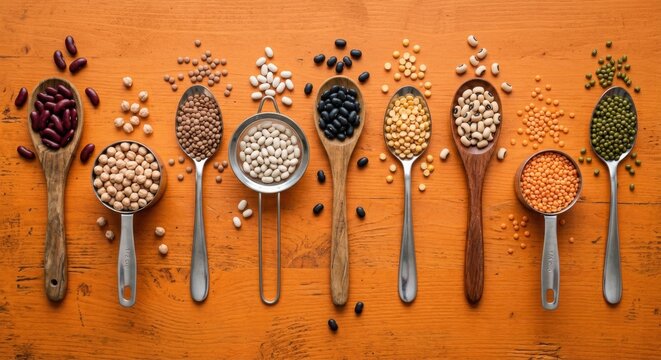 Variety of dried legumes, beans, and lentils including chickpeas, kidney beans, and mung beans arranged in wooden spoons and metal measuring cups on a rustic orange wooden background surface.