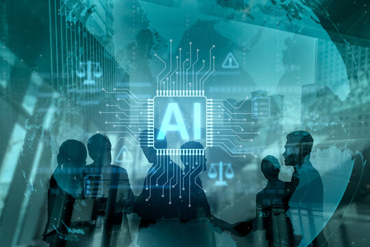 AI circuit microchip with glowing blue lines, surrounded by legal scales, warning symbols, data sheets, and binary codes, representing ethical AI, AI governance, and data integrity Vouch