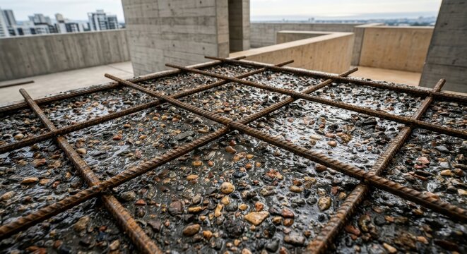 Detailed close-up of reinforced concrete structure with steel rebar mesh and exposed aggregate stones at a modern urban construction site background, showing industrial texture and strength.
