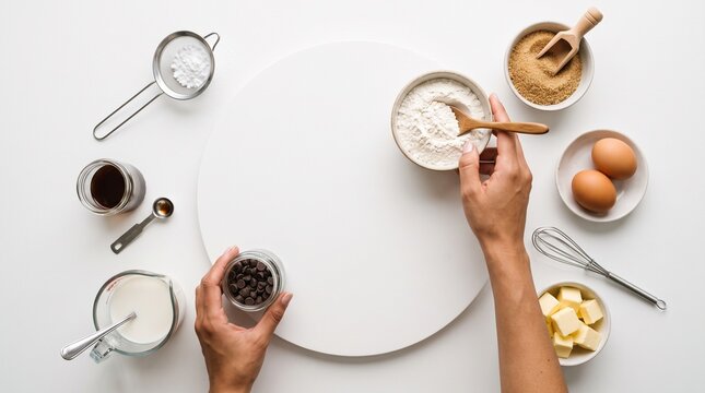 Baking ingredients arranged around a white circular board with hands preparing to bake