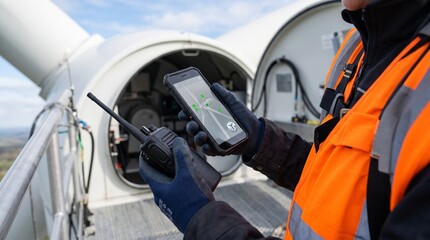 Fototapeta premium Wind turbine technician uses smartphone and radio for maintenance