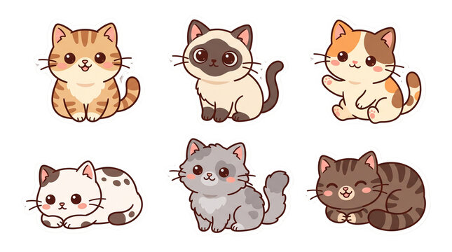 Cute Various Breed Cartoon Cats Set