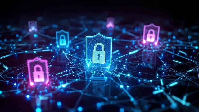 Cybersecurity Network Security Shield and Padlock Protecting Digital Network Infrastructure
