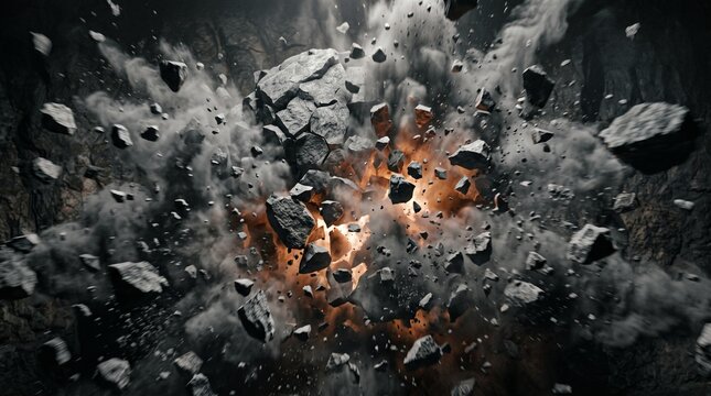 Dramatic Rock Explosion with Smoke and Fire