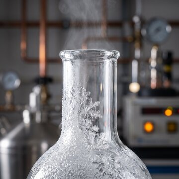 Macro View of Specialized Glass Dewar Flask with Liquid Cryogen Frost