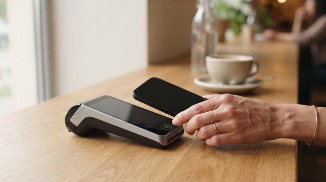 Contactless payment in a cafe, with a hand holding a smartphone over a card reader next to a coffee cup.