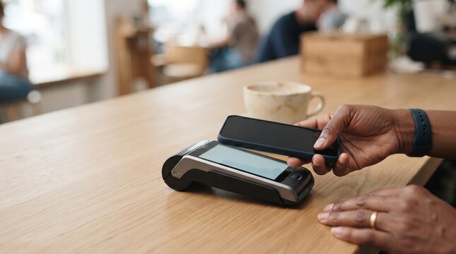 A close-up shot captures a person making a contactless payment with their smartphone at a coffee shop, showcasing modern transaction convenience.