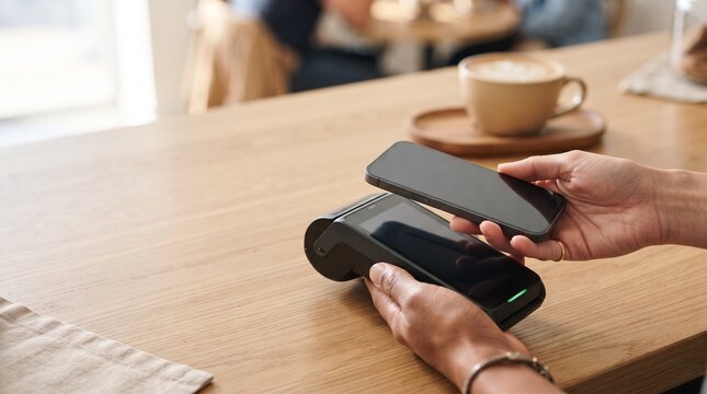 A close-up shot shows hands holding a smartphone over a payment terminal, facilitating a contactless transaction in a cozy cafe setting.