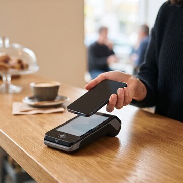 A person uses a smartphone to make a contactless payment at a cafe counter, demonstrating modern financial technology and convenience.
