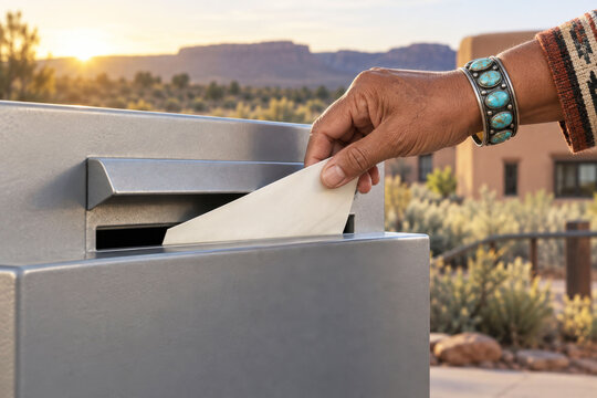 Indigenous Voter Casting Ballot to Raise Awareness of Electoral Participation in Native American Communities