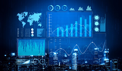 High-tech digital data visualization featuring various charts and graphs over a city skyline. Ideal...