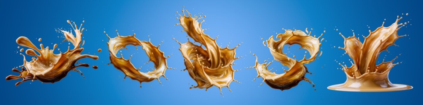 Bundle pack of five coffee splash design elements with clipping path on blue background
