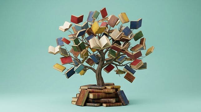 A creative tree made of many colorful open and closed books against a soft blue background