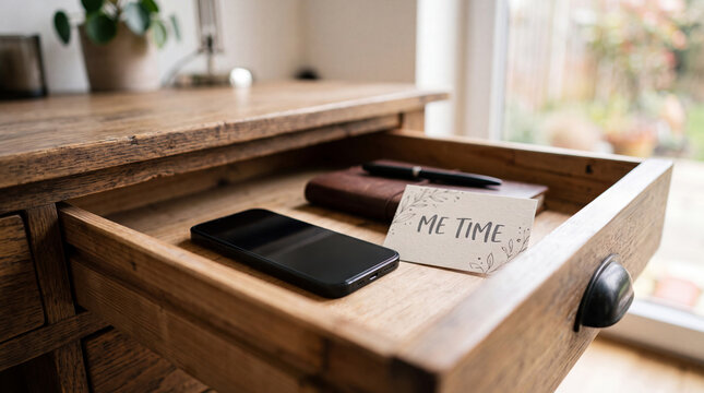 Smartphone stored in drawer for me time and digital detox.